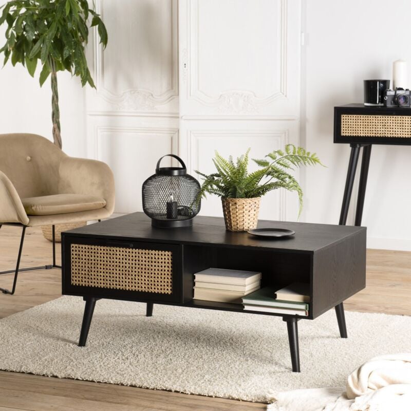 Macabane - emilio - Table basse noire bois 2 tiroirs cannage 1 niche