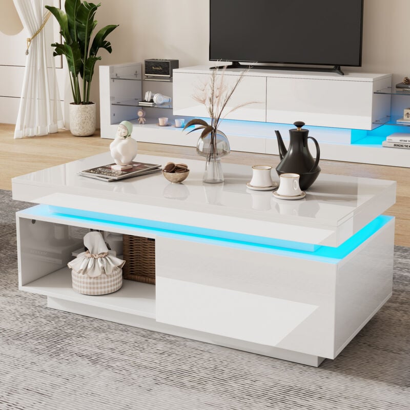Table basse blanche brillante avec éclairage led et tiroir, 100x50x40,3 cm