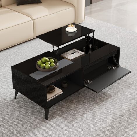 Table basse noire brillante réglable et pliante, multifonction 110x50x48 cm, salon et repas