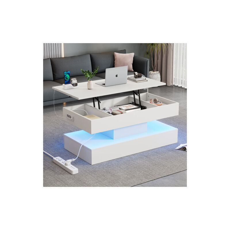 Okwish - Table basse relevable blanche, table de salon avec éclairage led et espace de rangement caché, 100x50x42 cm