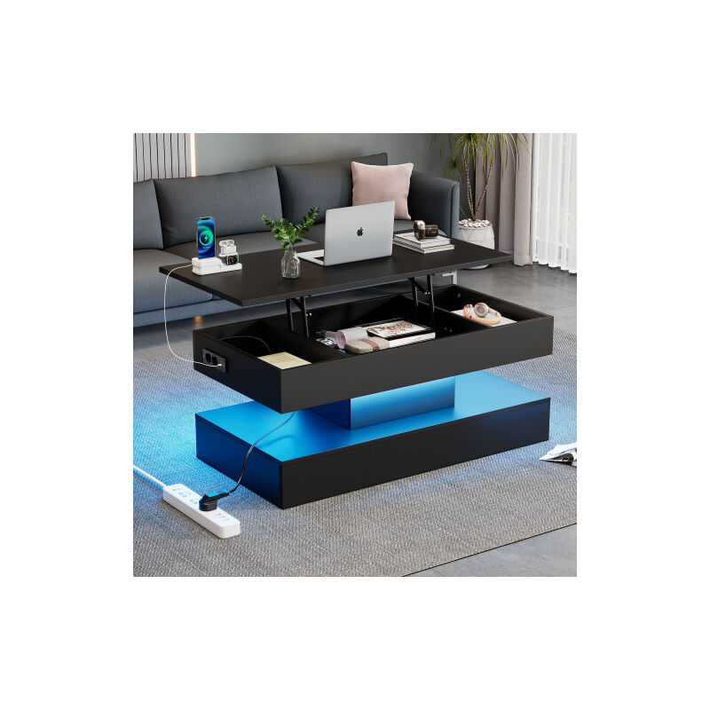 Okwish - Table basse relevable noire, table de salon avec éclairage led et espace de rangement caché, 100x50x42 cm