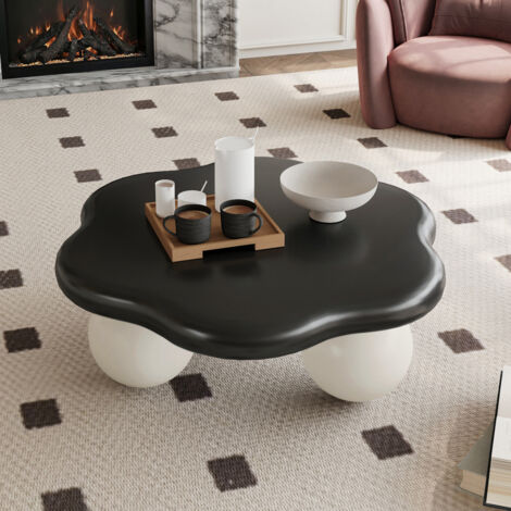 Table basse nuage Ø80xH35 cm, pieds sphériques, design noir et blanc, MDF, usage quotidien pour salon