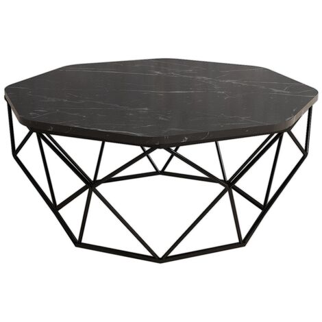 Table basse octogonale bois noir effet marbre et pieds acier noir Diva 90cm