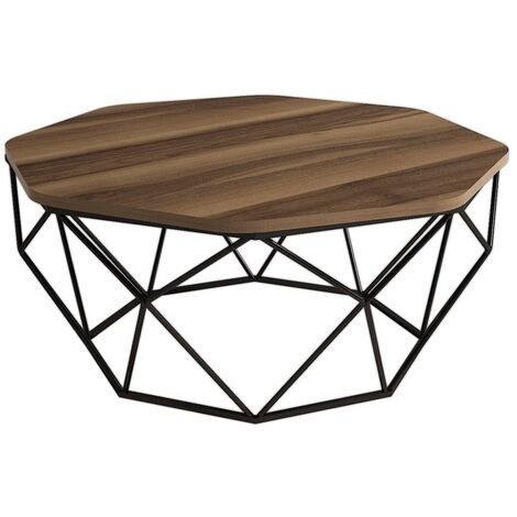Table basse octogonale bois noyer et pieds acier noir Diva 90cm