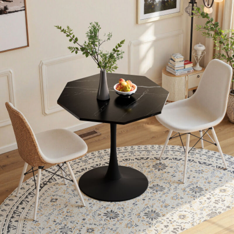 Okwish - Table basse octogonale moderne de 31,50 po avec plateau en marbre noir imprimé, base en métal, pour salle à manger, cuisine, salon
