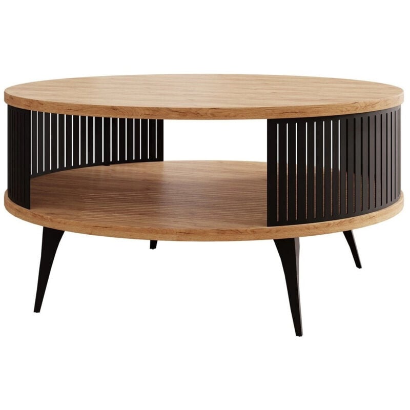 Mobilier1 - Table basse Sordore 100, Noir + Chêne doré artisanal, 44x0x0cm, Diamètre: 75, Stratifié, Rond