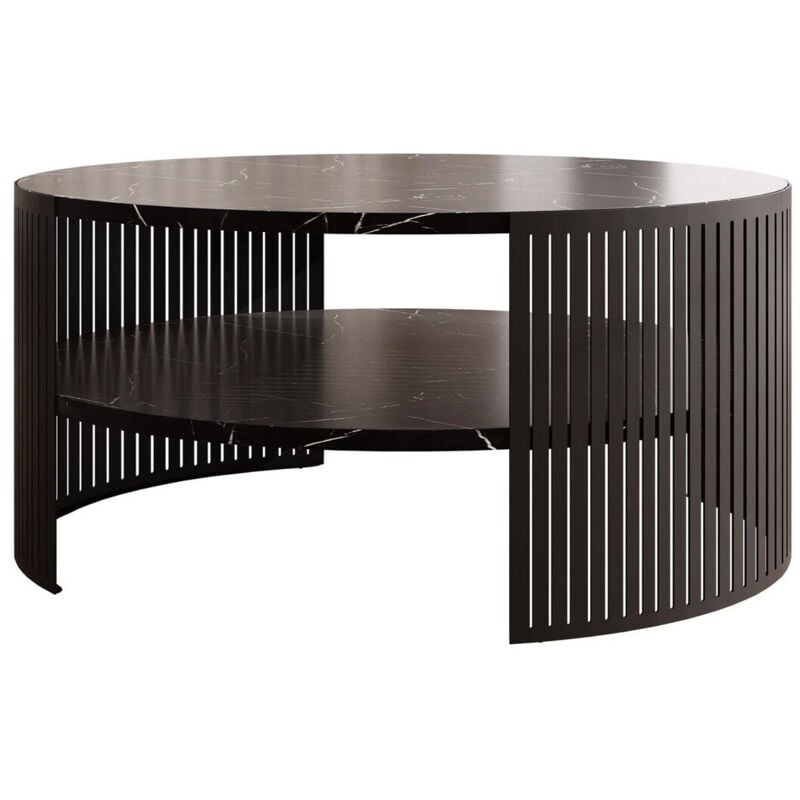 Mobilier1 - Table basse Sordore 102, Noir + Marbre noir, 40x0x0cm, Diamètre: 75, Stratifié, Rond