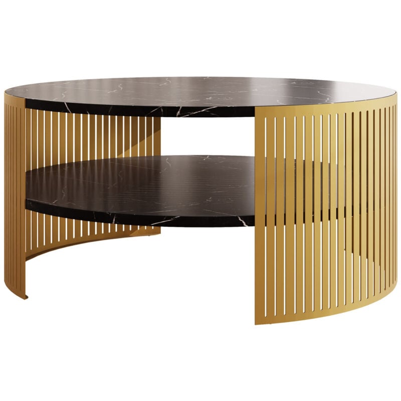 Mobilier1 - Table basse Sordore 103, Doré + Marbre noir, 40x0x0cm, Diamètre: 75, Stratifié, Rond
