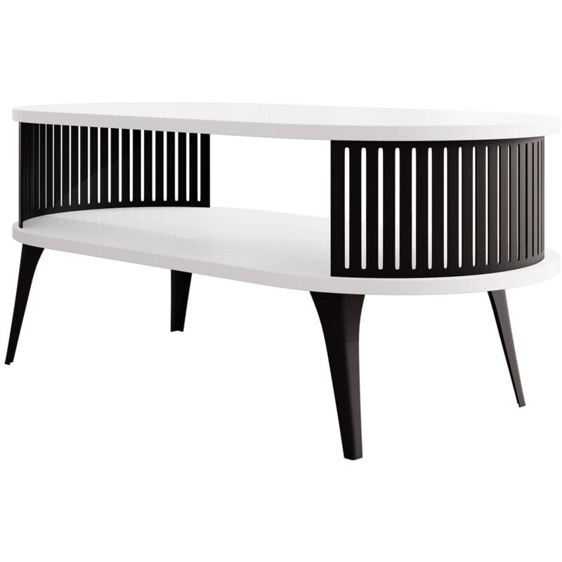 Mobilier1 - Table basse Sordore 105, Noir + Blanc, 44x50x100cm, Diamètre: 0, Stratifié, Ovale