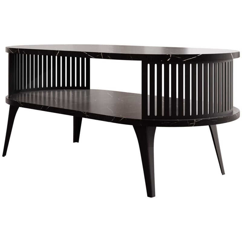 Mobilier1 - Table basse Sordore 105, Noir + Marbre noir, 44x50x100cm, Diamètre: 0, Stratifié, Ovale