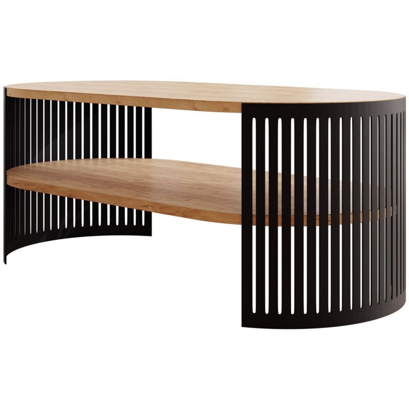 Mobilier1 - Table basse Sordore 115, Noir + Chêne doré artisanal, 40x50x100cm, Diamètre: 0, Stratifié, Ovale