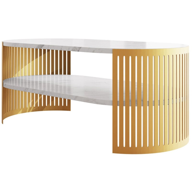 Mobilier1 - Table basse Sordore 116, Doré + Marbre blanc, 40x50x100cm, Diamètre: 0, Stratifié, Ovale