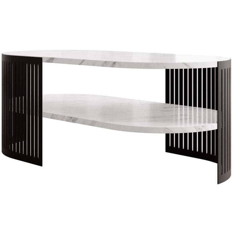 Mobilier1 - Table basse Sordore 118, Noir + Marbre blanc, 40x50x100cm, Diamètre: 0, Stratifié, Ovale