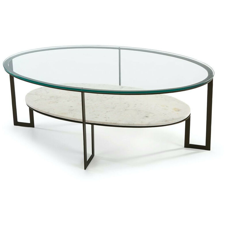 Les Tendances - Table basse ovale 2 plateaux verre transparent et marbre blanc Kenza