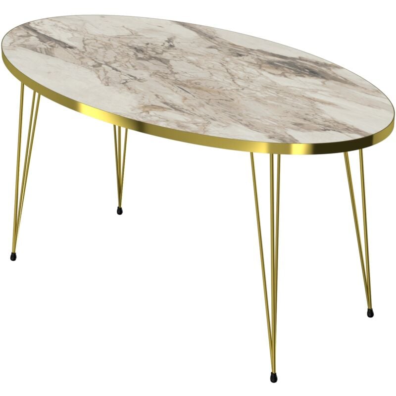 Table basse ovale 43 x 90 x 50 cm marbre blanc or