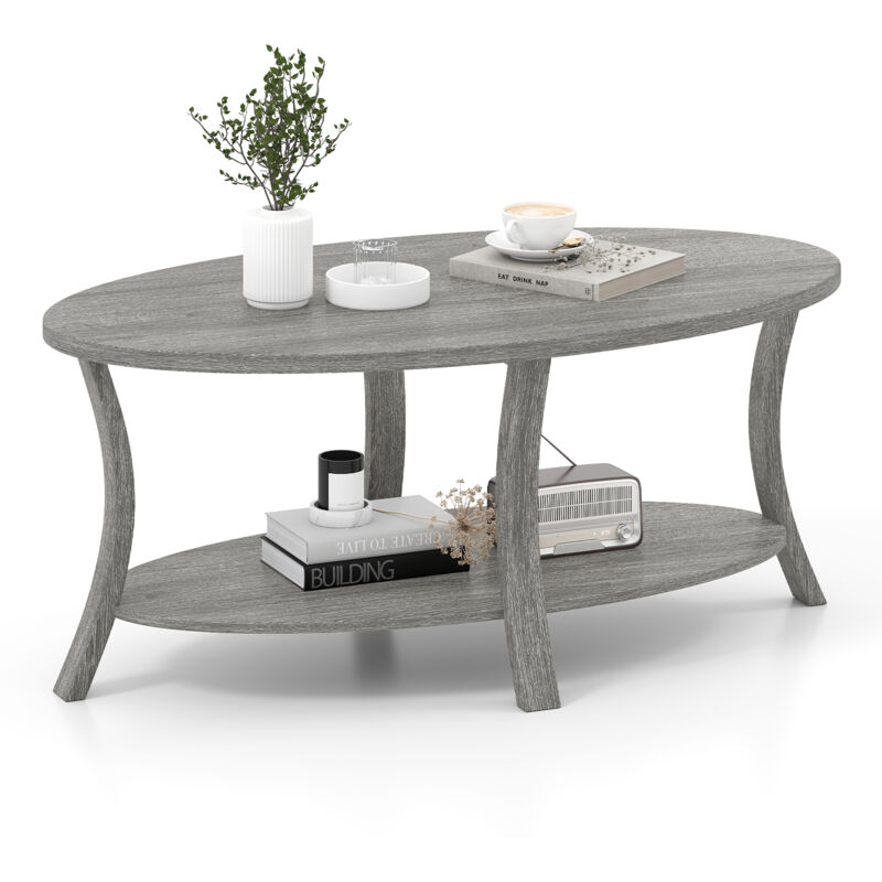 Table Basse Ovale à 2 Niveaux avec Étagère de Rangement, Table Basse en Bois d'Hévéa, Table de Salon Rustique pour Maison, Bureau, Gris