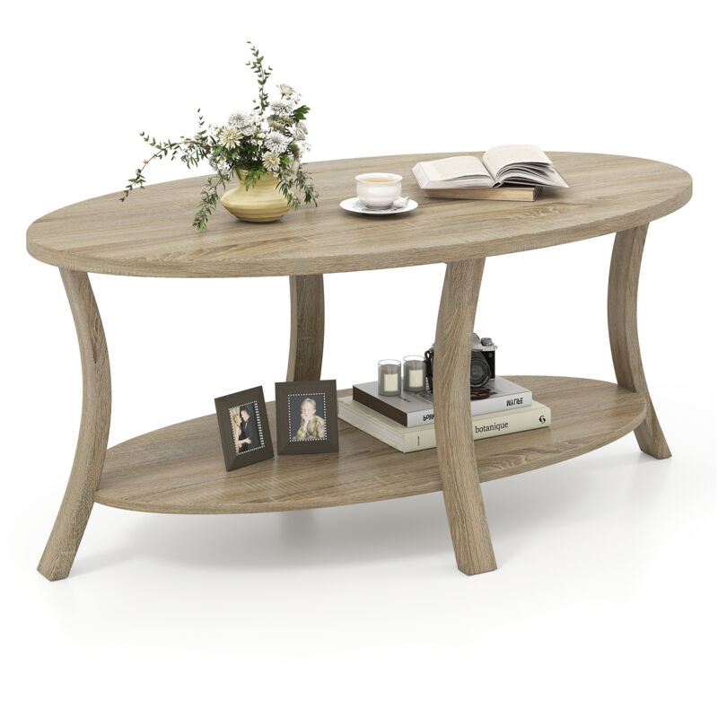 Costway – Table basse ovale 2 niveaux en bois d'hévéa – Étagère de rangement ouverte – Charge jusqu'à 160 kg – Dimensions 111x60,5x47 cm