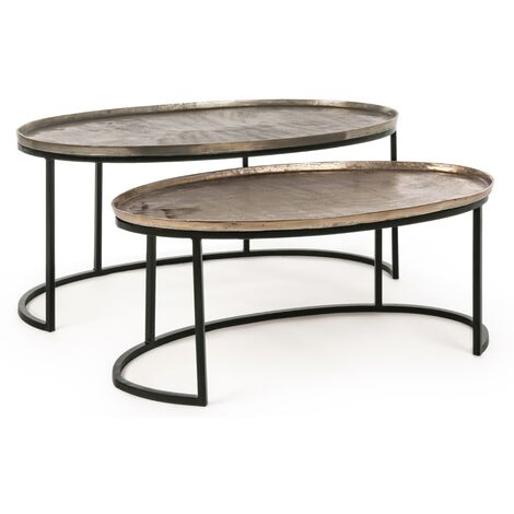 Table basse ovale aluminium et pieds en acier Amina - Lot de 2