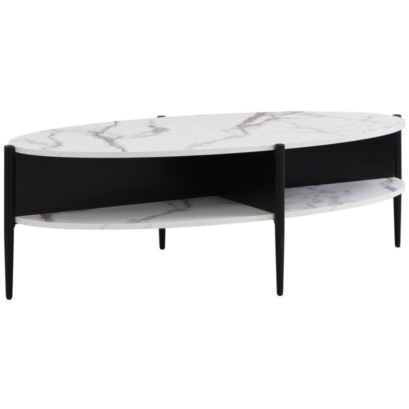 Vente-unique - Table basse ovale avec 4 niches en mdf et métal - Effet marbre blanc et noir - evaro