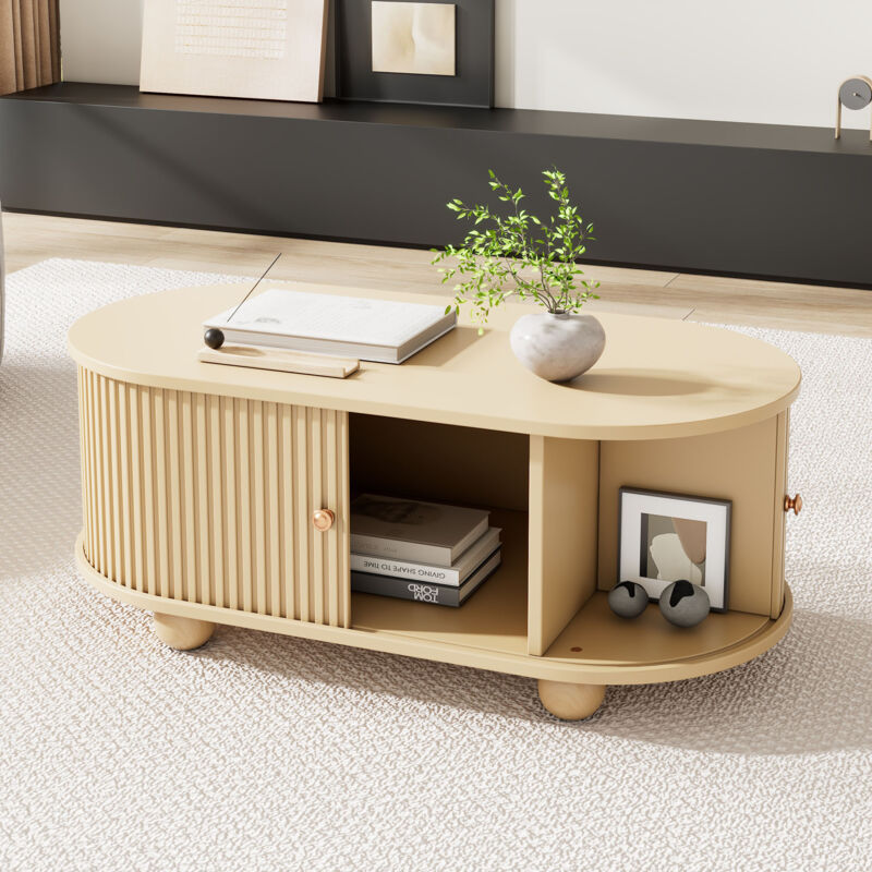 Table basse ovale, avec espace de rangement et portes, meuble multifonctionnel en bois, 100 x 50 x 40 cm