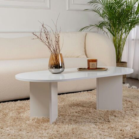 Table basse ovale blanche effet laque - pieds en V MARFA