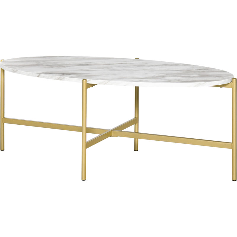 Table basse ovale design style art déco dim. 121L x 51l x 45H cm structure métal doré plateau aspect marbre blanc