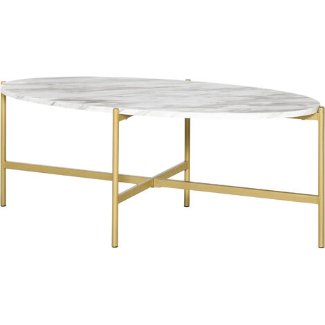 Table basse ovale style art déco métal doré aspect marbre blanc