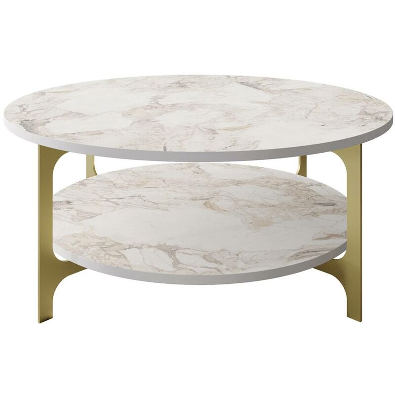cotecosy - table basse ovale elliptica 2 tablettes bois marbre blanc et métal or - or