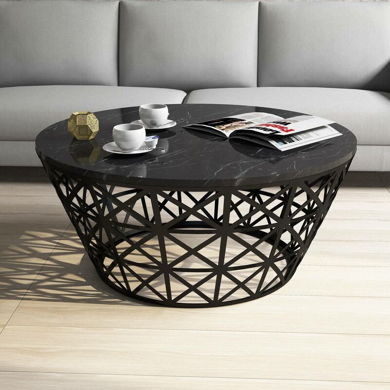 cotecosy - table basse ovale ellipticum support grille conique bois marbre noir et métal noir - noir