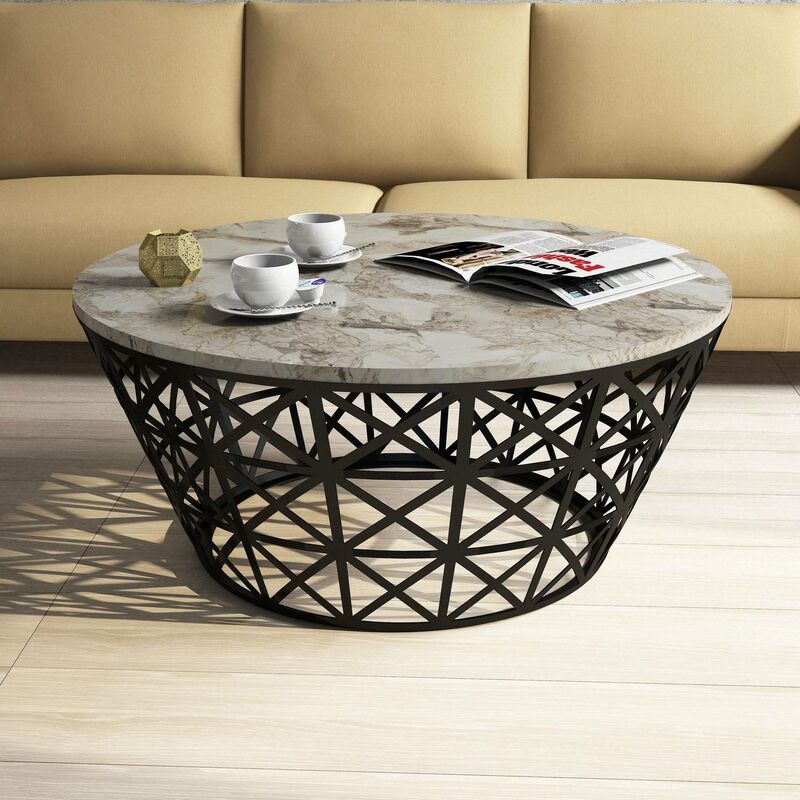 table basse ovale ellipticum support grille conique bois marbre blanc et métal noir - blanc / noir