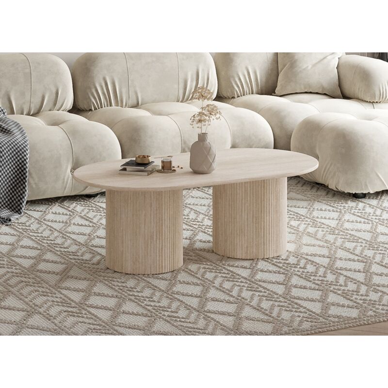 Deco In Paris – Table basse ovale en marbre composite beige – Dimensions 70x130x45 cm – Pieds en MDF design moderne – Surface brillante pour salon