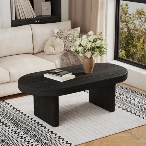 Table basse ovale flûtée style Mid Century Modern, bois rustique noir, table de salon, 120x60x41,5 cm
