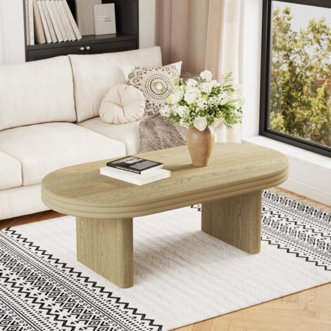 Table basse ovale flûtée style Mid Century Modern, bois rustique, table de salon, 120x60x41,5 cm