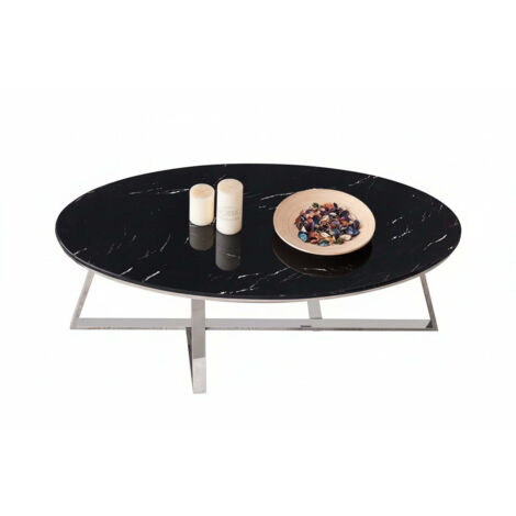 Table Basse Ovale GAMMA Plateau Granite Effet Marbre Noir Pieds Chrome 120x60x45cm