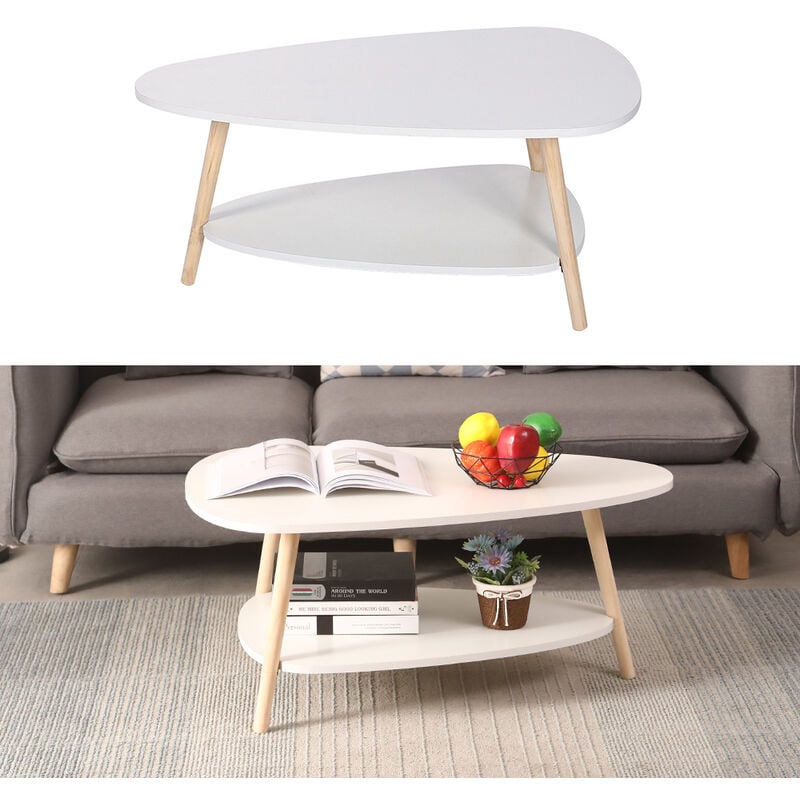 Table basse ovale scandinave - Blanc 906040cm Table Basse, Surface en mdf, Pieds en hêtre, 2 Couches