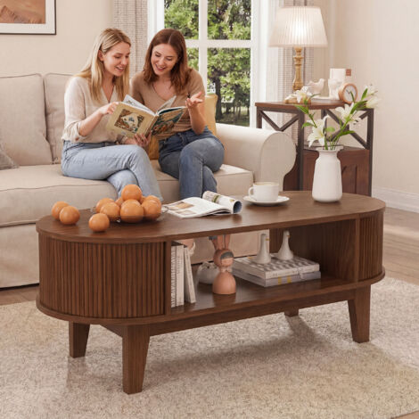 Table Basse Ovale, Table Basse en Couleur Noyer, Tables d'appoint en Texture Bois, Table d'Appoint Style Scandinave, Rangement Ouvert et 2 Compartiment Caché, pour Salon,Chambre, 100 x 50 x 50.4 cm
