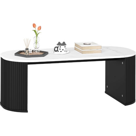 Table basse ovale, table d'appoint aspect marbre, angles arrondis, pieds épais, 110 x 50 x 40 cm, noire