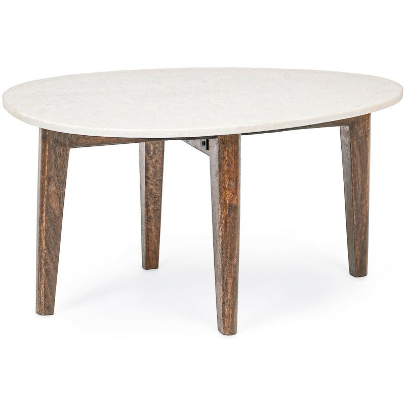 Bizzotto - Table basse ovale vintage en manguier et marbre blanc L70 - blany