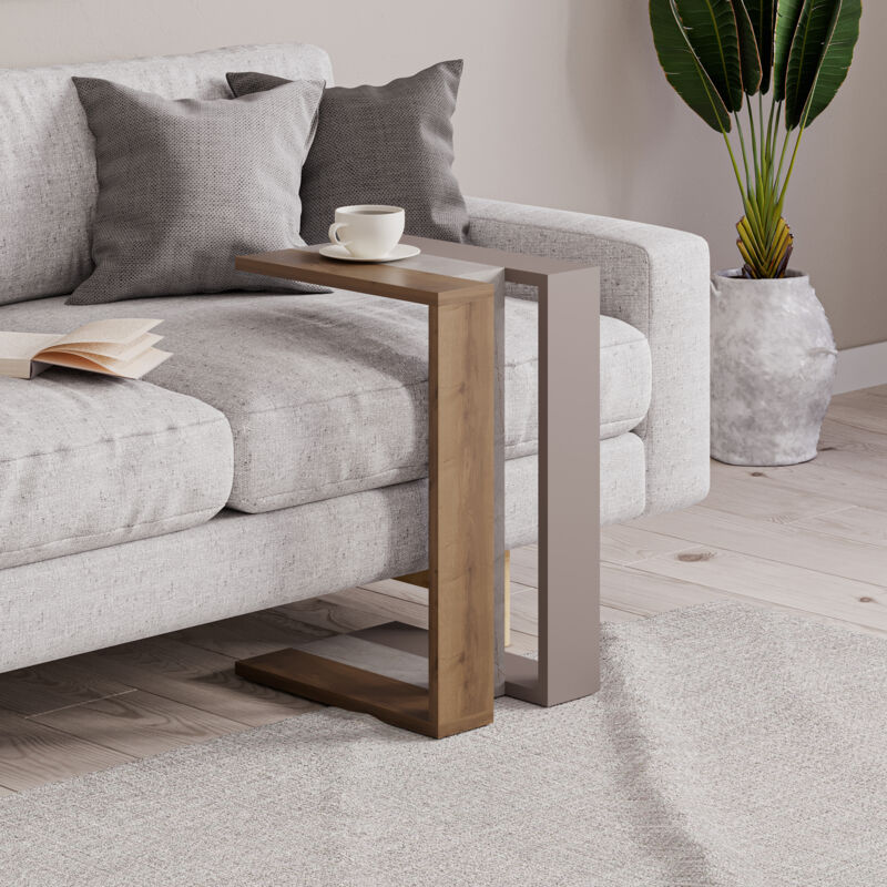 Decortie Muju Table moderne en forme de C Effet chêne Or Effet marbre Gris moka Polyvalent H 57cm Decortie Muju Table moderne en forme de C Effet chêne Or Effet marbre Gris moka Polyvalent H 57cm