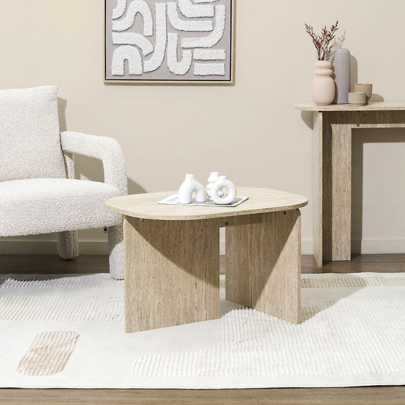 Table Basse - Home Deco Factory - Pietra - Effet Pierre Travertin - Blanc Et Beige - H45 X L72 X P53 Cm