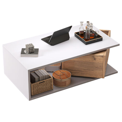 Table basse pivotante 360° 90x50x30 cm avec 1 tiroir rangement ouvert haute brillance MDF , Blanc et Bois