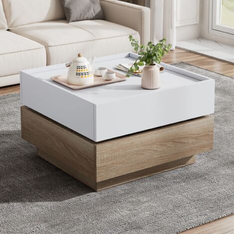 Table basse pivotante 360° - Plateau 2 niveaux et rangement intégré - Cadre noyer et finition blanc - Dimensions 60x60x38cm