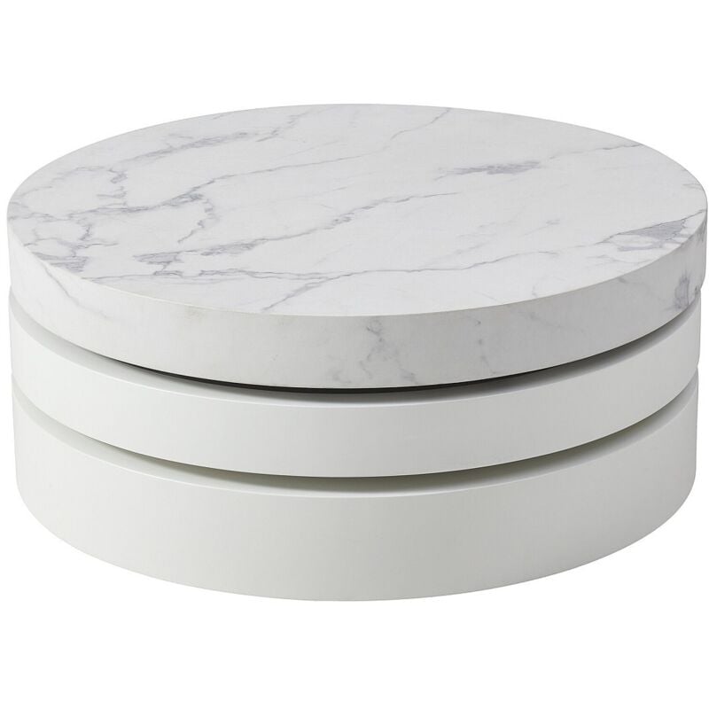 Vente-unique - Table basse pivotante ronde avec 1 niche en mdf - Effet marbre blanc et blanc laqué - janita