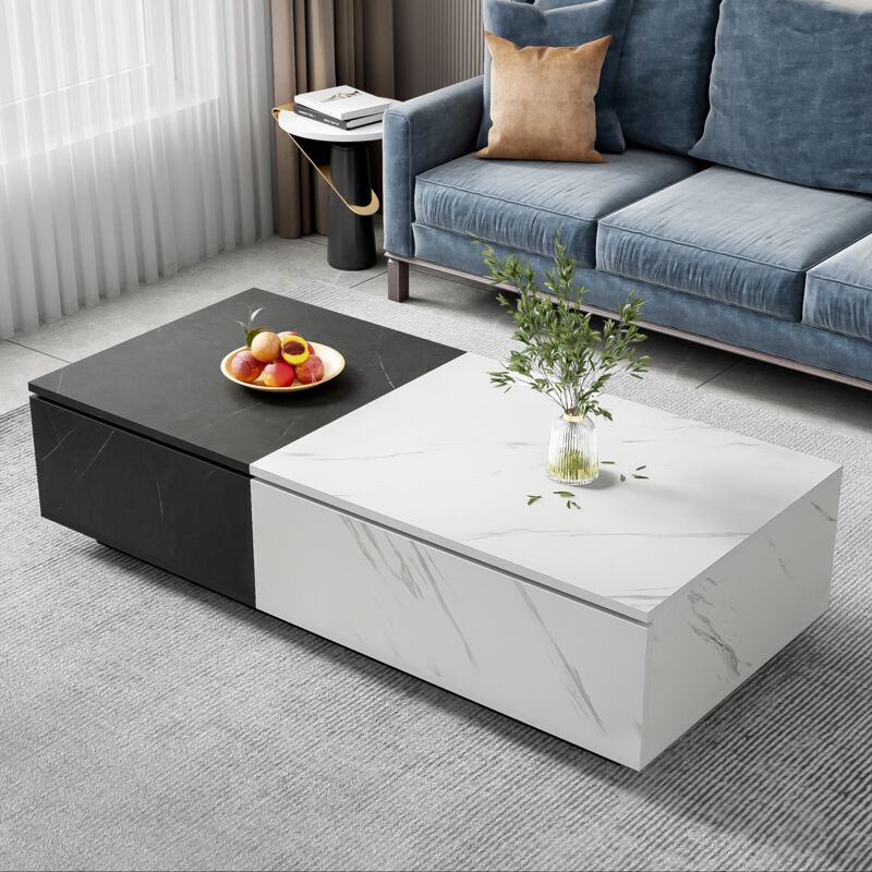 Okwish - Table basse carrée blanche et noire, table de salon avec aspect marbre et conception à deux portes d'armoire, 110x50x28 cm