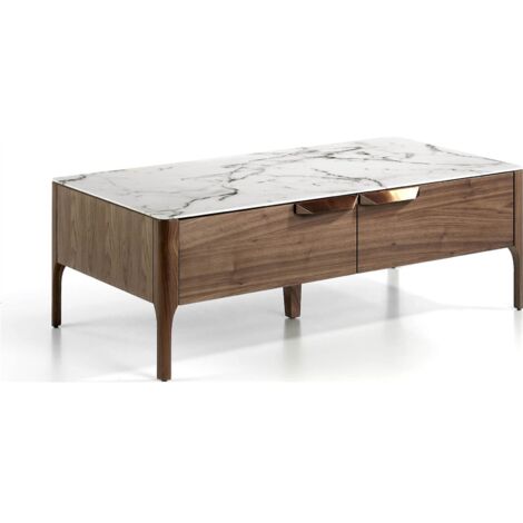 Table basse plateau en verre avec effet marbre 2 tiroirs avec poignées acier cuivré - Noyer, blanc, gris,