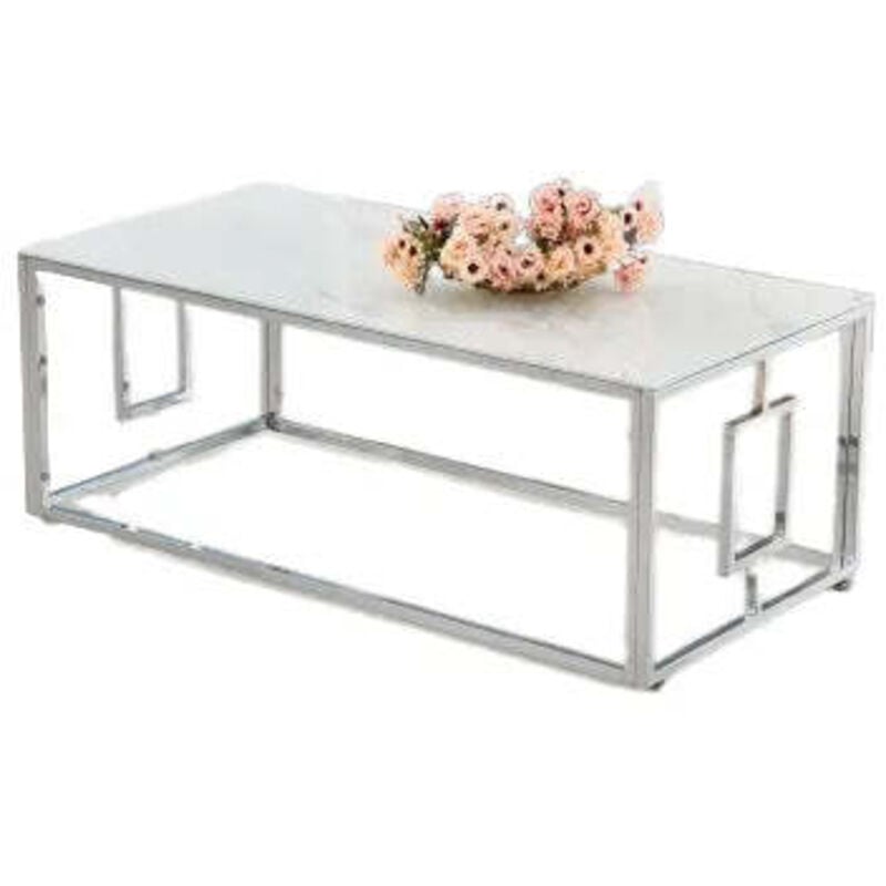 Homy France - Table basse plateau en verre marbré blanc pieds chromés 120 cm - sophie