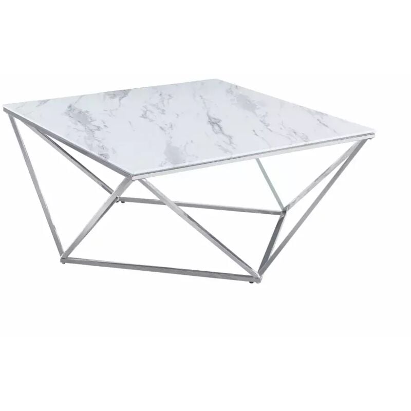Homy France - Table basse carrée alina plateau en verre marbré blanc pieds chromés 80x80x45 cm