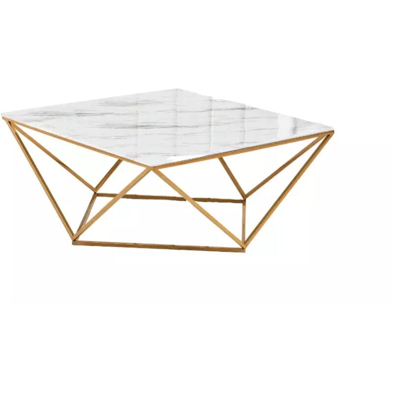 Homy France - Table basse alina plateau en verre marbré blanc pieds gold 80x80x45cm