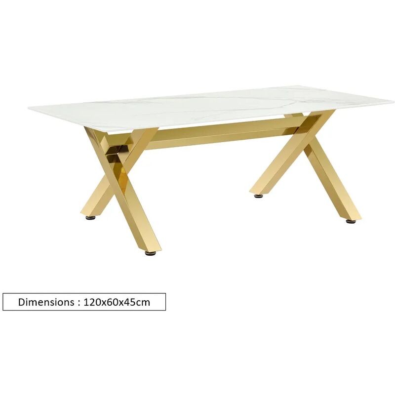 Homy France - Table basse plateau en verre marbré blanc pieds gold en 120 cm - ixe - Marbre Blanc