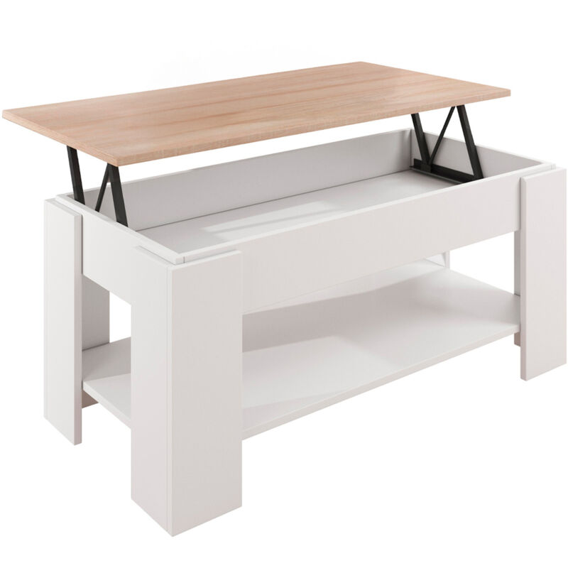 Muebles Bonitos - Table basse plateau relevable avec coffre 100x50x43,5 (52,3)cm Modèle Nicoleta Blanc et Sonoma Finition brillante